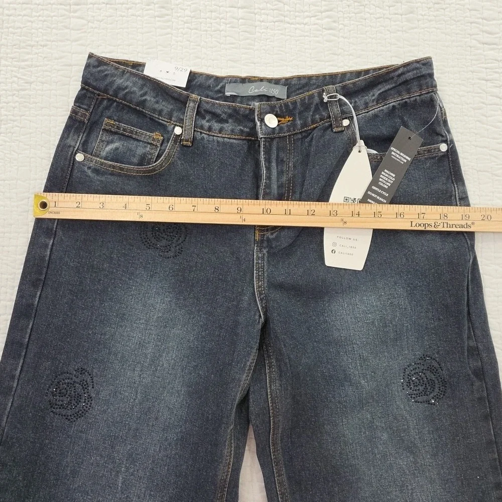 Cali 1850 Jeans Womens 9/29 Medium Wash Rhinestones NEW Wide Leg Relaxed NWT‎